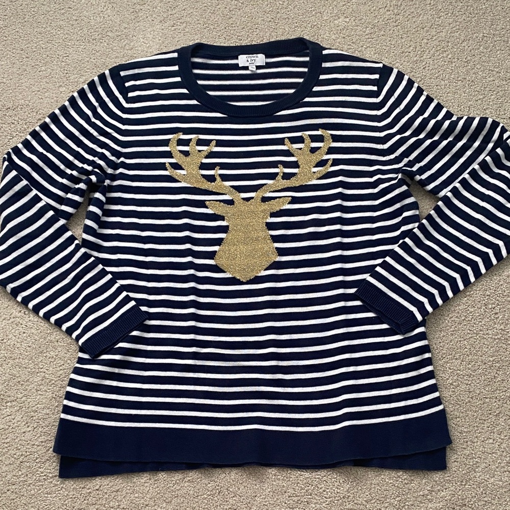 Crown and Ivy large petite, blue and white striped cotton sweater with gold deer